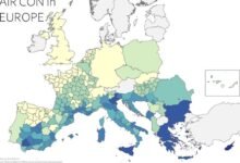 Mapa de Europa que muestra la penetración de aire acondicionado en diferentes países