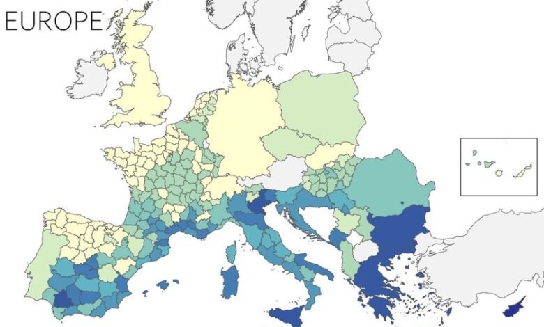 Mapa de Europa que muestra la penetración de aire acondicionado en diferentes países