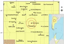 Mapa de la provincia de Córdoba con un símbolo de sismo