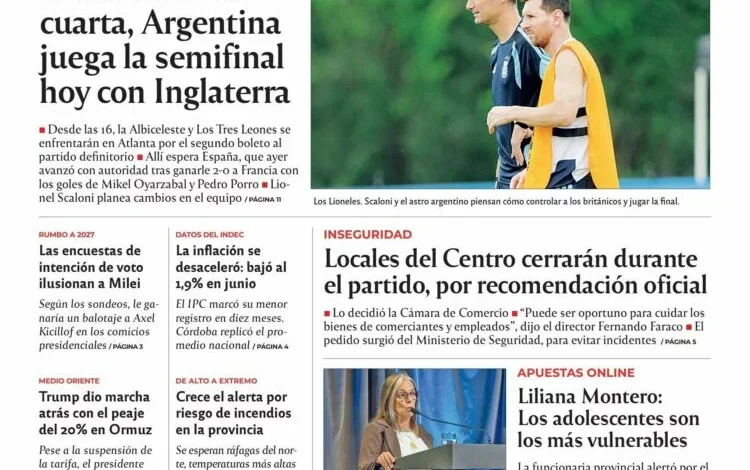 Imagen de la tapa del diario del miércoles 15 de julio de 2026