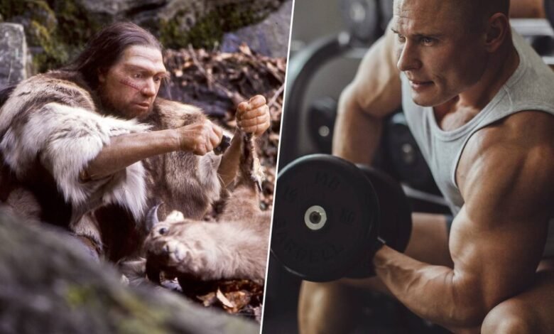 Ilustración de un neandertal con músculos prominentes