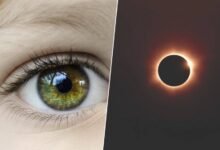 Persona observando un eclipse solar con gafas de protección