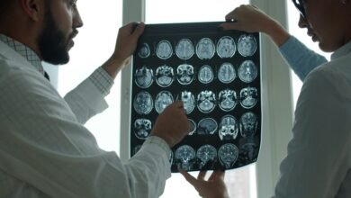 Radiología asistida por inteligencia artificial mostrando pantalla con imágenes médicas y algoritmo de IA