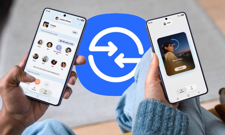 Imagen de dos dispositivos Android compartiendo contenido mediante Tap to Share