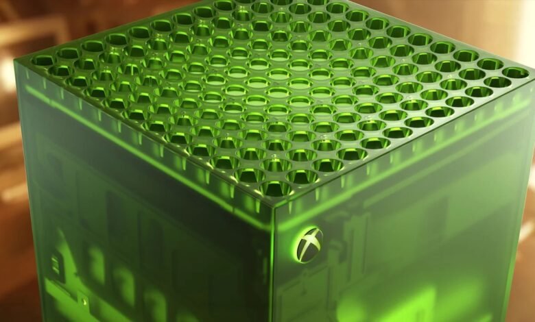 Xbox Series X edición 25 aniversario, consola transparente sobre fondo negro