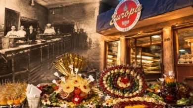Interior histórico de la panadería La Europea con hornos de fundición y bandejas de pan dulce