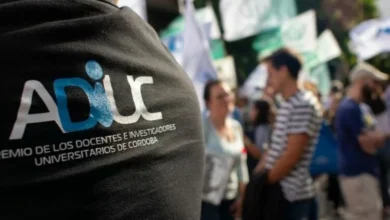 Manifestación de docentes universitarios en la Plaza San Martín durante el paro convocado por ADIUC