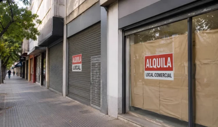 Fachada de una calle del centro de Córdoba con locales comerciales vacíos y carteles de 'Se alquila'