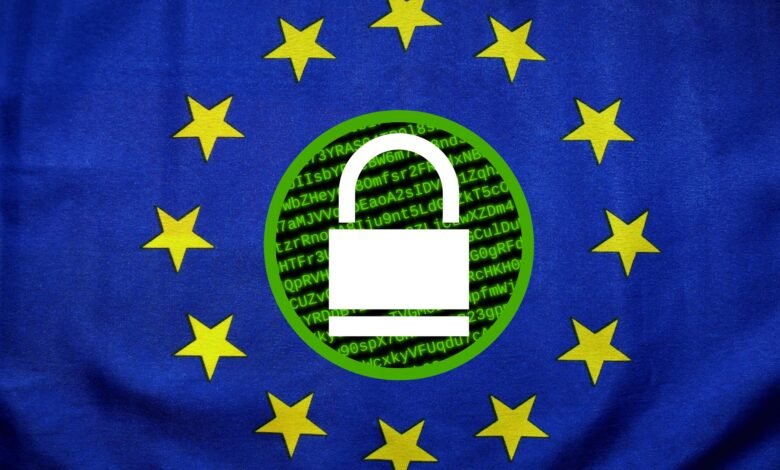 Bandera de la Unión Europea rodeada de íconos digitales como redes sociales, videojuegos y chatbots de IA