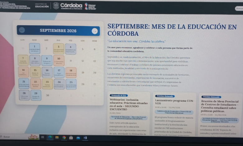 Pantalla de la Agenda Educativa Provincial mostrando el calendario de actividades en Córdoba