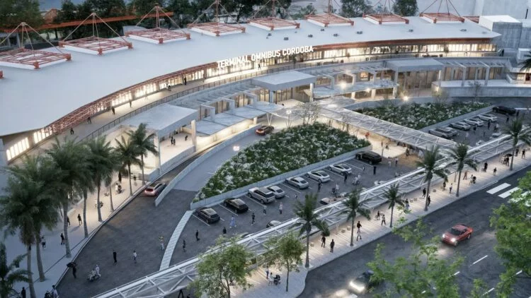 Vista aérea de la Terminal de Ómnibus T1 en Córdoba durante la obra de renovación