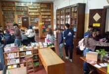 Bibliotecario organizando estanterías en una escuela de Córdoba