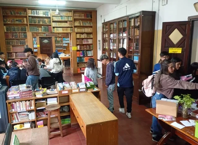 Bibliotecario organizando estanterías en una escuela de Córdoba