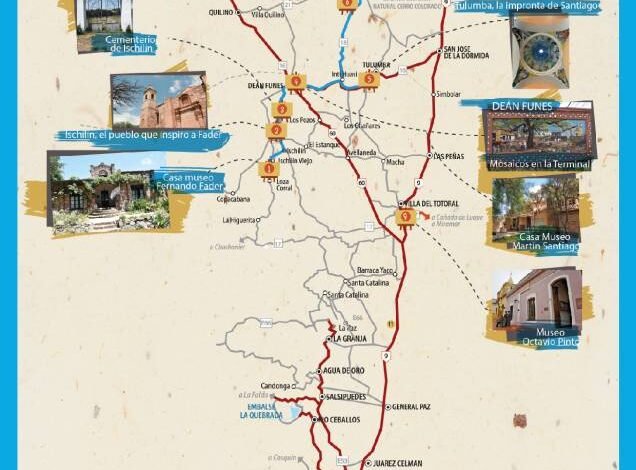 Mapa del Camino de los pintores del norte cordobés, ruta cultural en Ischilín, Tulumba y Río Seco
