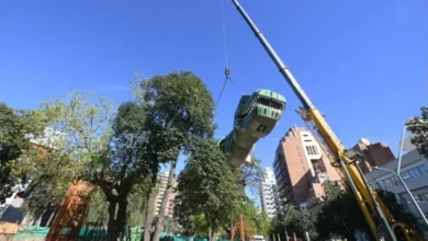 Dinosaurio gigante de juego infantil instalado en el Parque de las Tejas, Córdoba