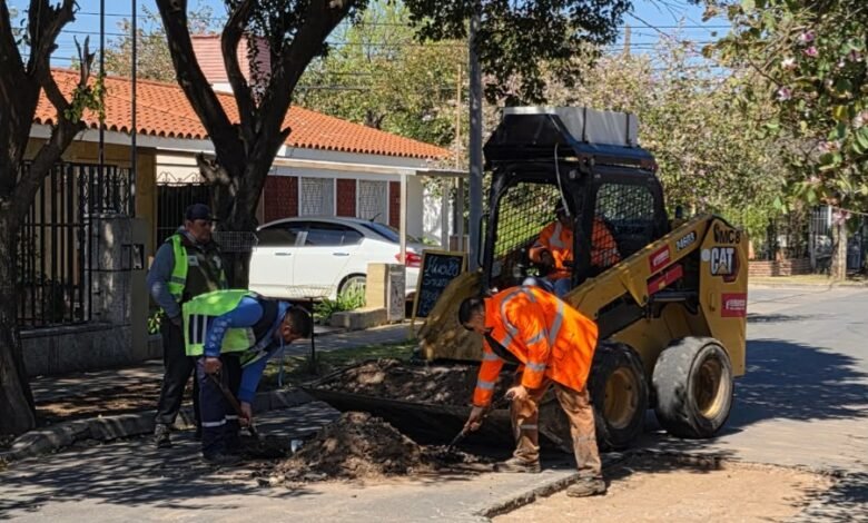 Obreros reparando la calzada en el barrio Santa Marta, Córdoba