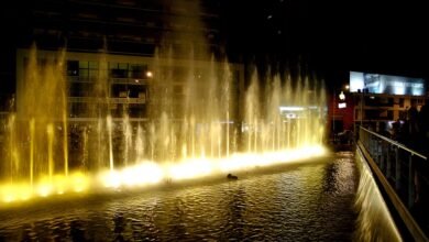 Fuente del Buen Pastor iluminada al anochecer con chorros de agua sincronizados a la música