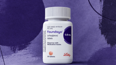 Frasco de Foundayo sobre fondo púrpura, muestra el nuevo GLP‑1 en pastilla sin necesidad de frío ni inyecciones