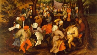 Representación histórica del brote de baile de San Vito en Estrasburgo, 1518