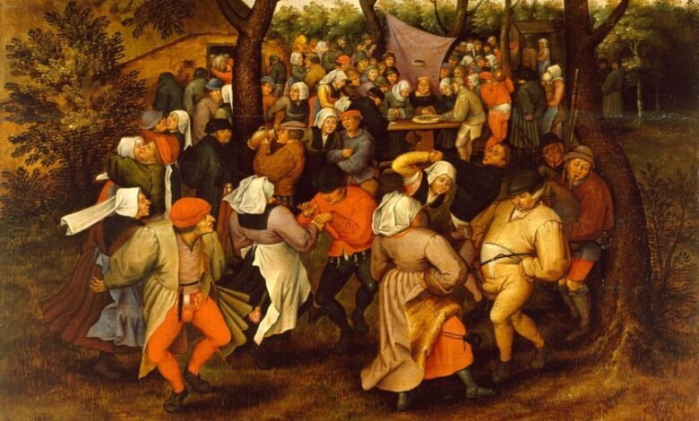 Representación histórica del brote de baile de San Vito en Estrasburgo, 1518