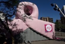 Plaza San Martín iluminada en rosa durante la apertura de la campaña Córdoba Rosa 2026