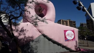 Plaza San Martín iluminada en rosa durante la apertura de la campaña Córdoba Rosa 2026