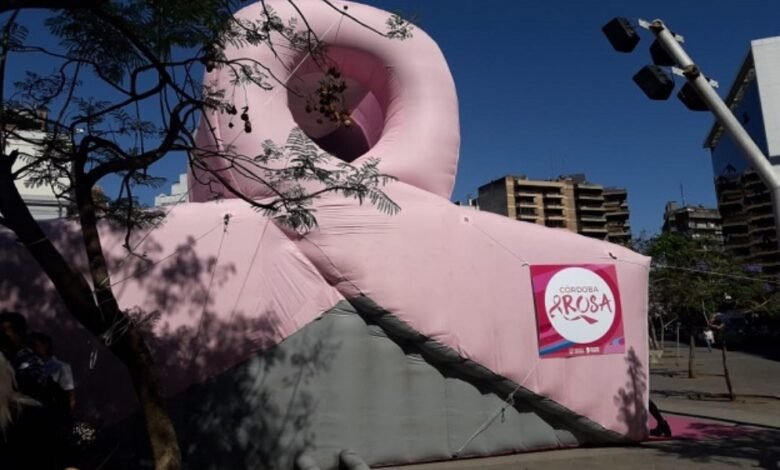 Plaza San Martín iluminada en rosa durante la apertura de la campaña Córdoba Rosa 2026
