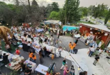 Escena del Festival Mercado 53 en Las Mercedes Casa de Campo, Unquillo, con puestos de emprendedores y público disfrutando